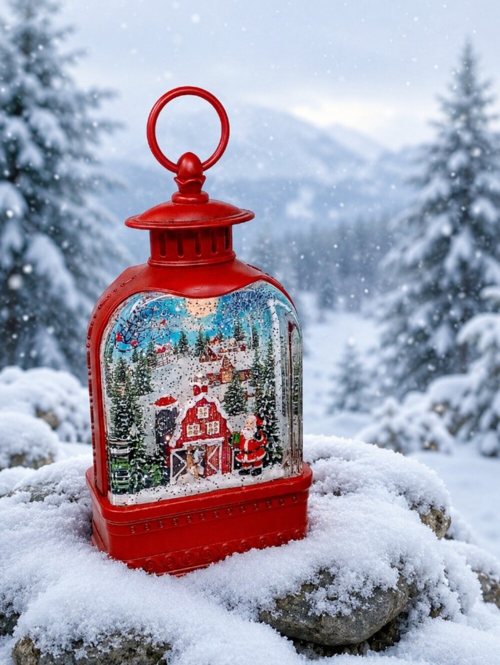 Festive Red Holiday Lantern with Santa Scene - Picture 1 of 8